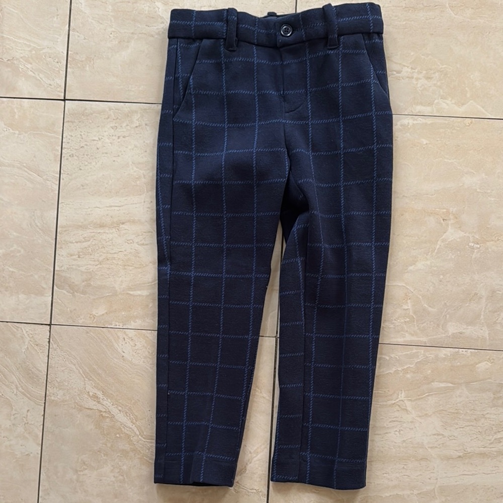 Navy Blue Slim-Fit Dress Pants with Windowpane Pattern